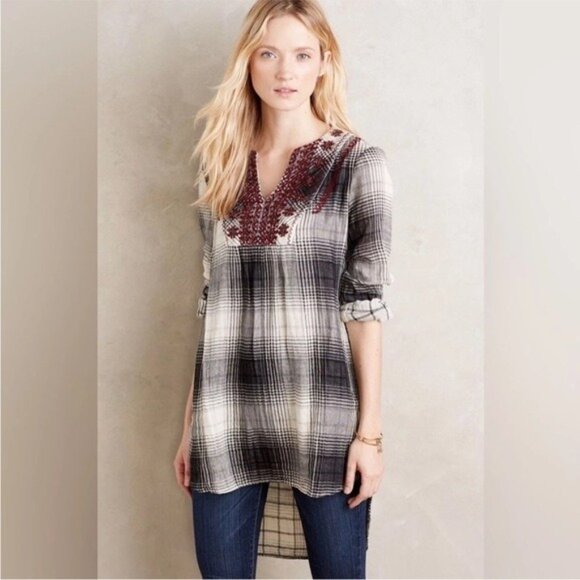 Anthro Floreat Plaid Floral Embroidery Flannel Tunic Top Large Tropical Coquette - Picture 3 of 15